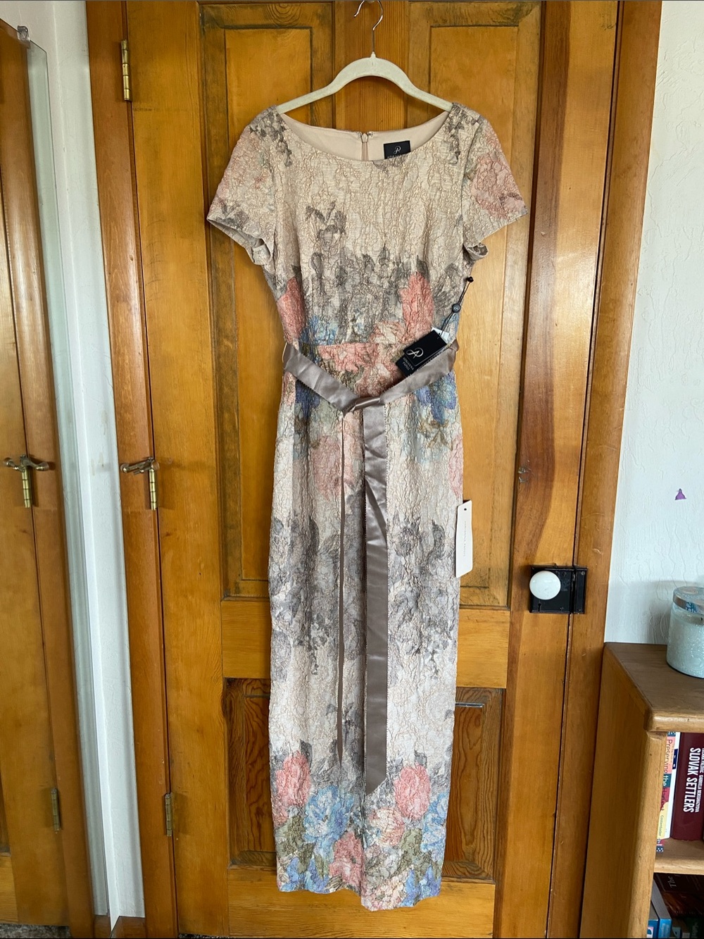 Adrianna Papell Beige Floral Lace Maxi Dress with Pink and Blue Accents
